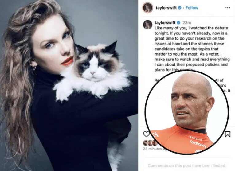 Kelly Slater (insert) the big prize after Taylor Swift breaks for Harris. Photo: Instagram